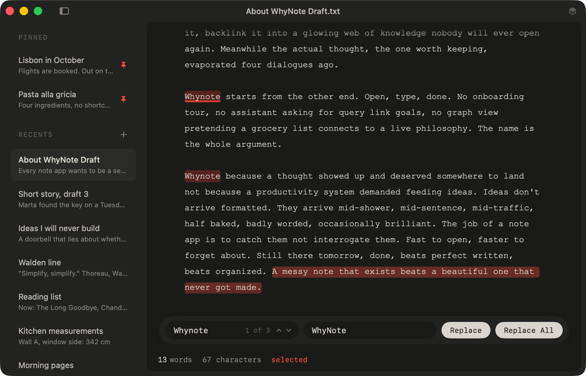 WhyNote find and replace in dark mode with glowing match pills