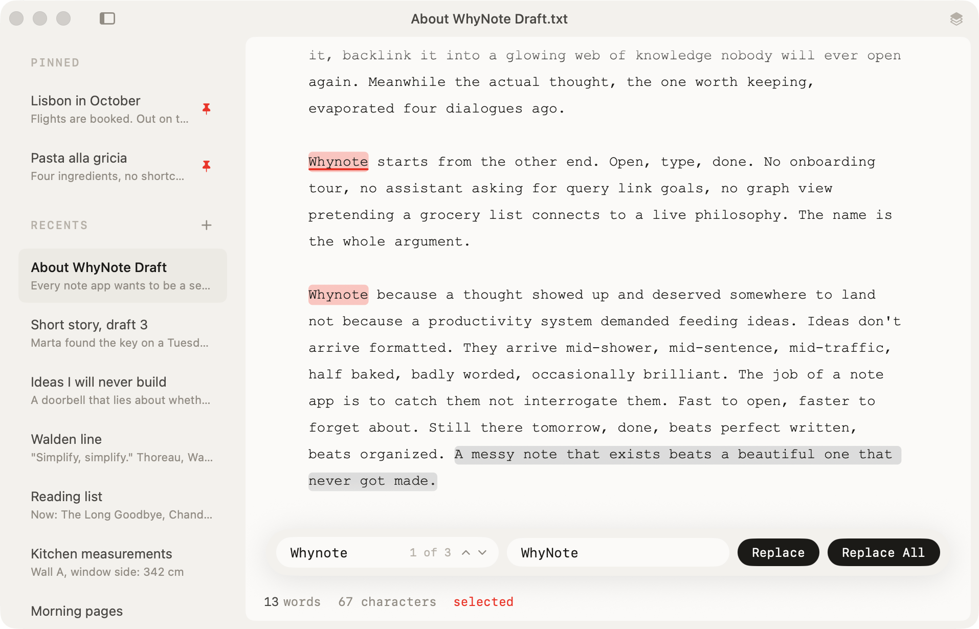 WhyNote find and replace with highlighted matches and a match counter