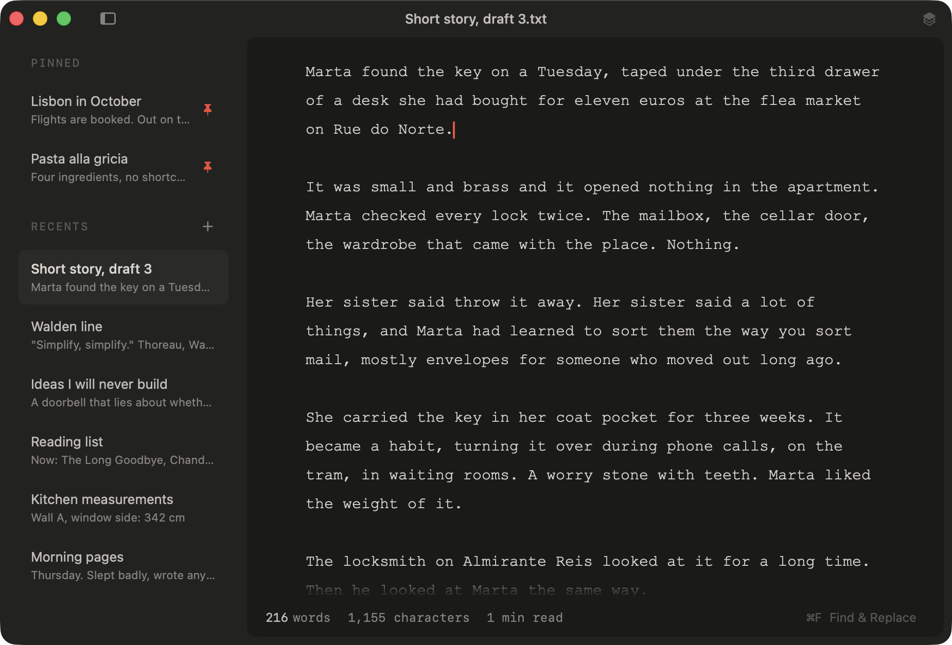 WhyNote 2 in dark mode with the sidebar open and a note mid-sentence