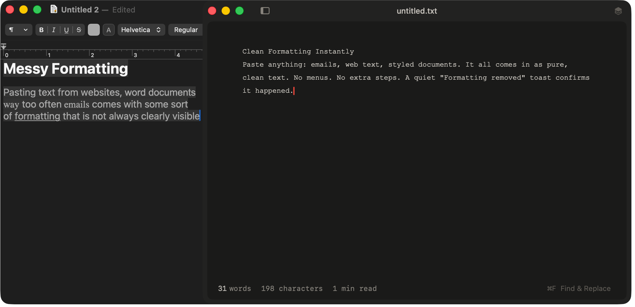 Messy formatted text arriving in WhyNote as clean plain text, dark mode
