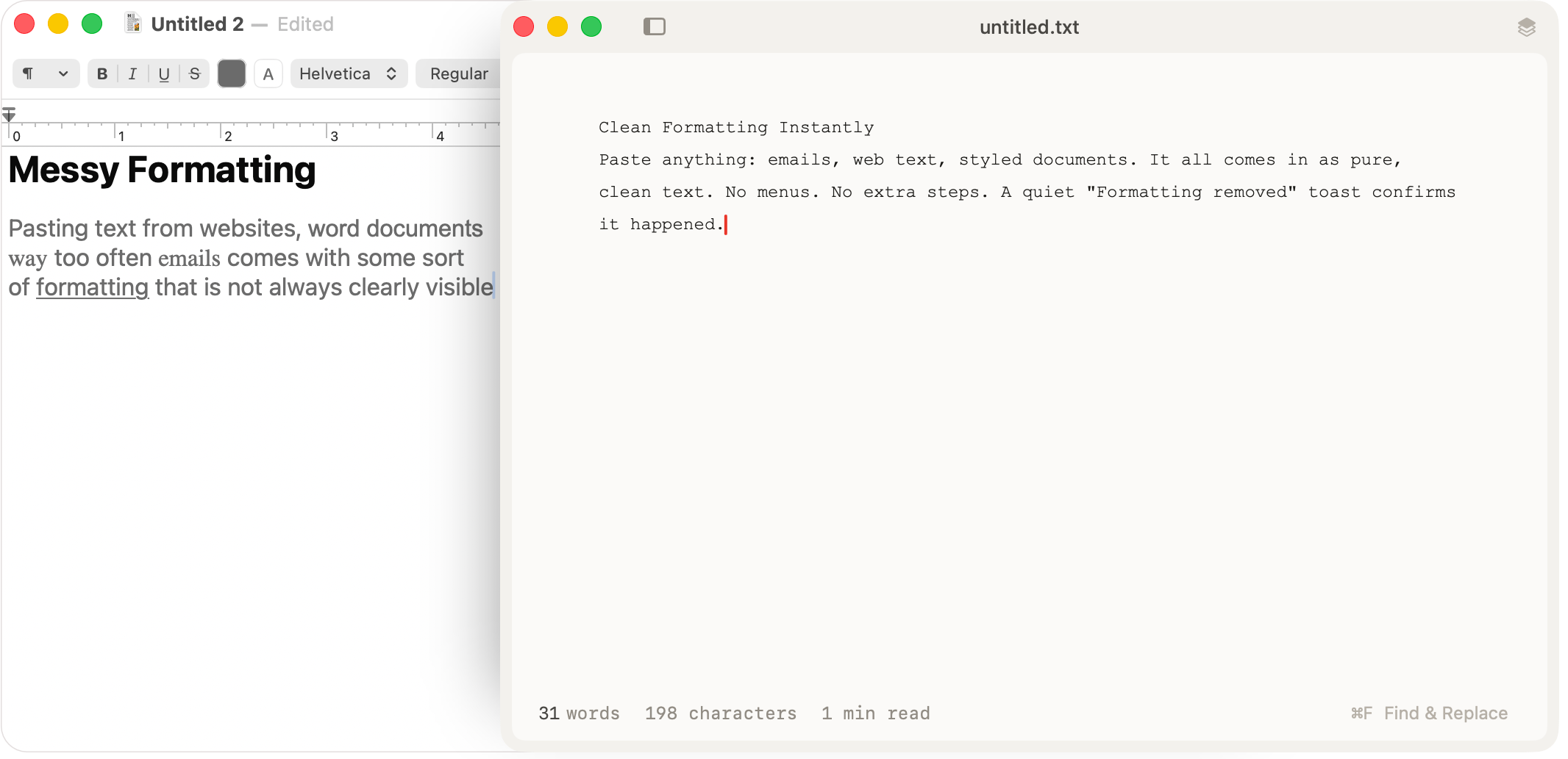 Messy formatted text in another app arriving in WhyNote as clean plain text