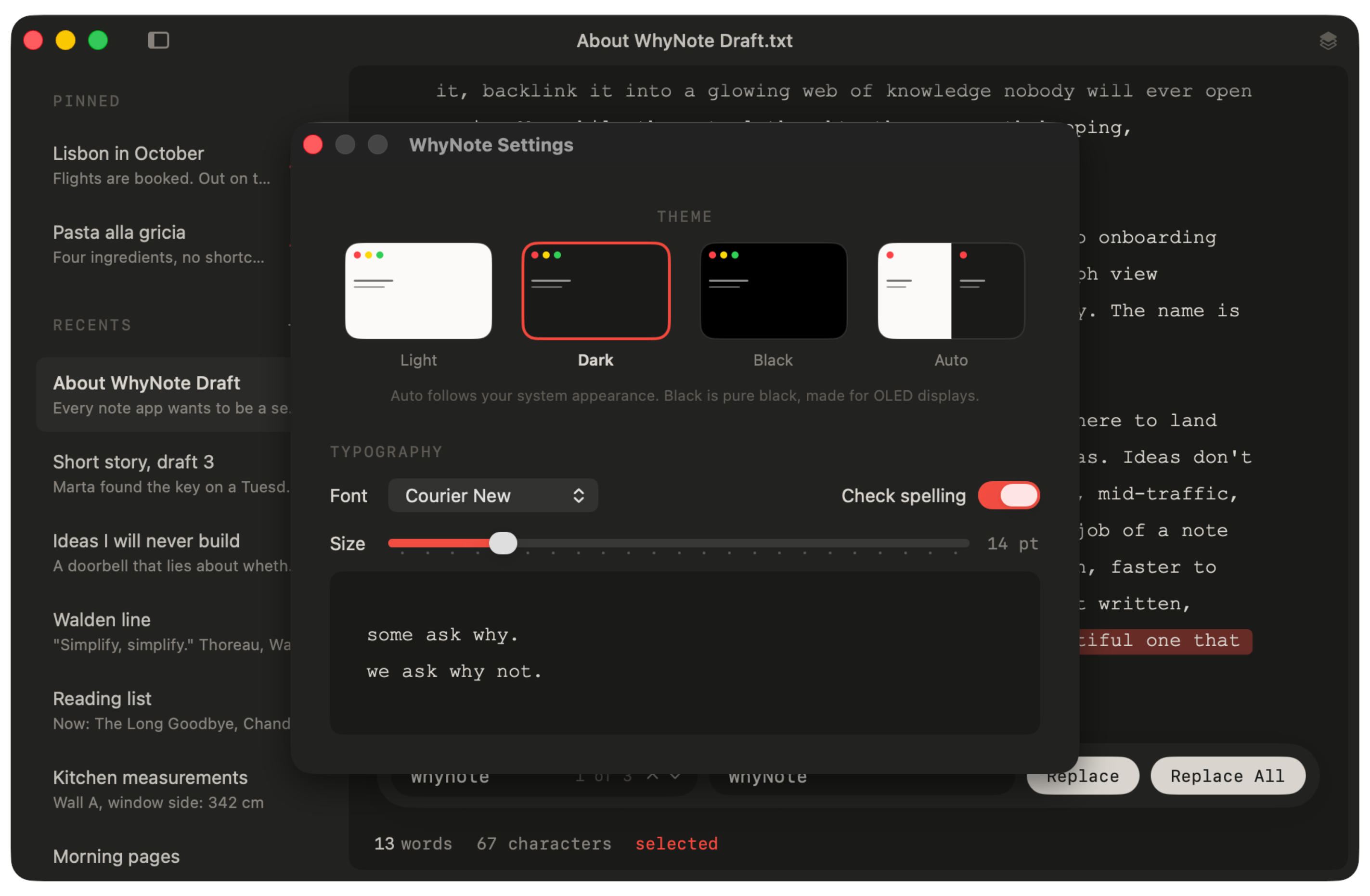 WhyNote settings in dark mode with the theme picker