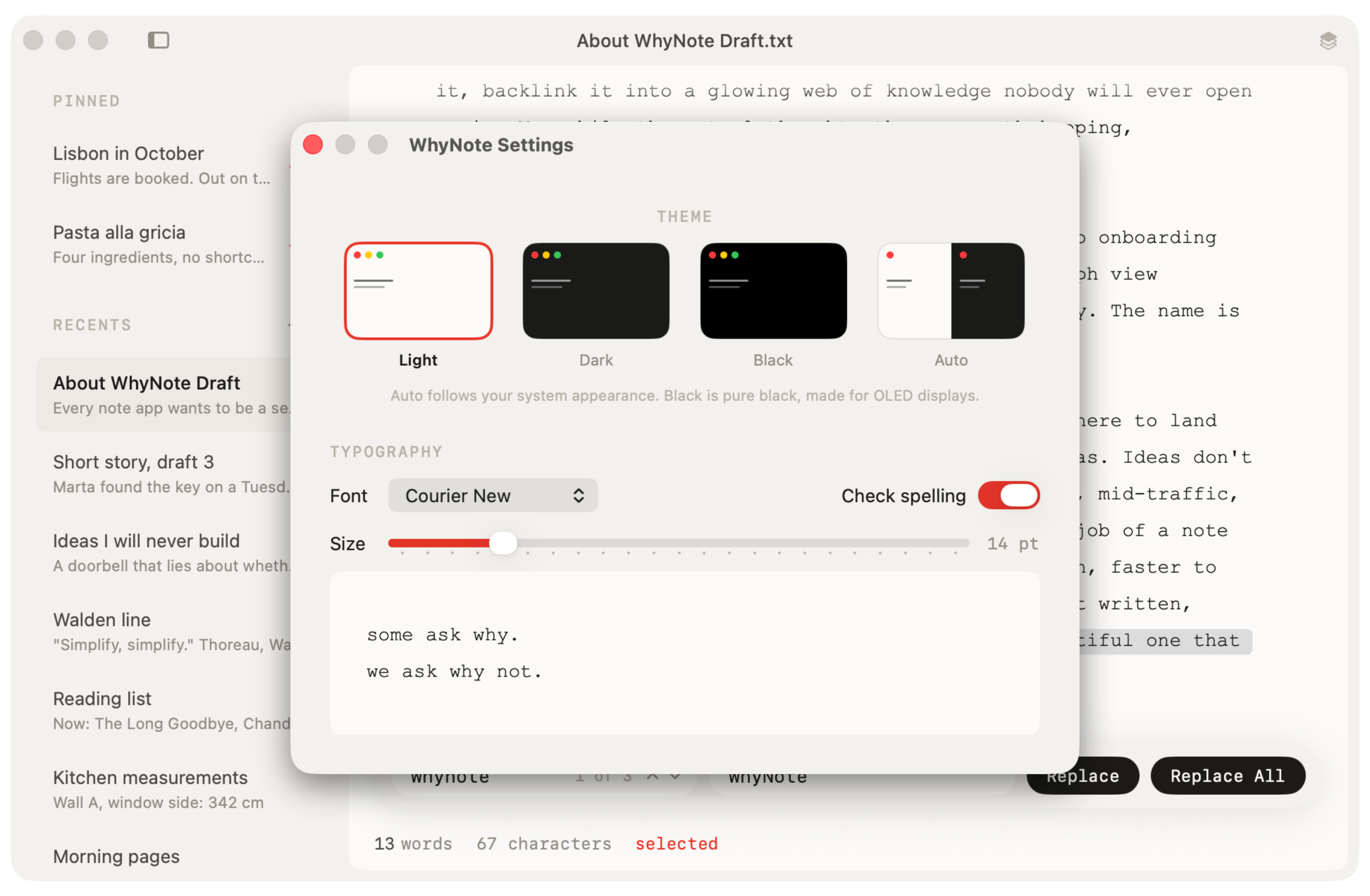WhyNote settings with Light, Dark, Black and Auto themes