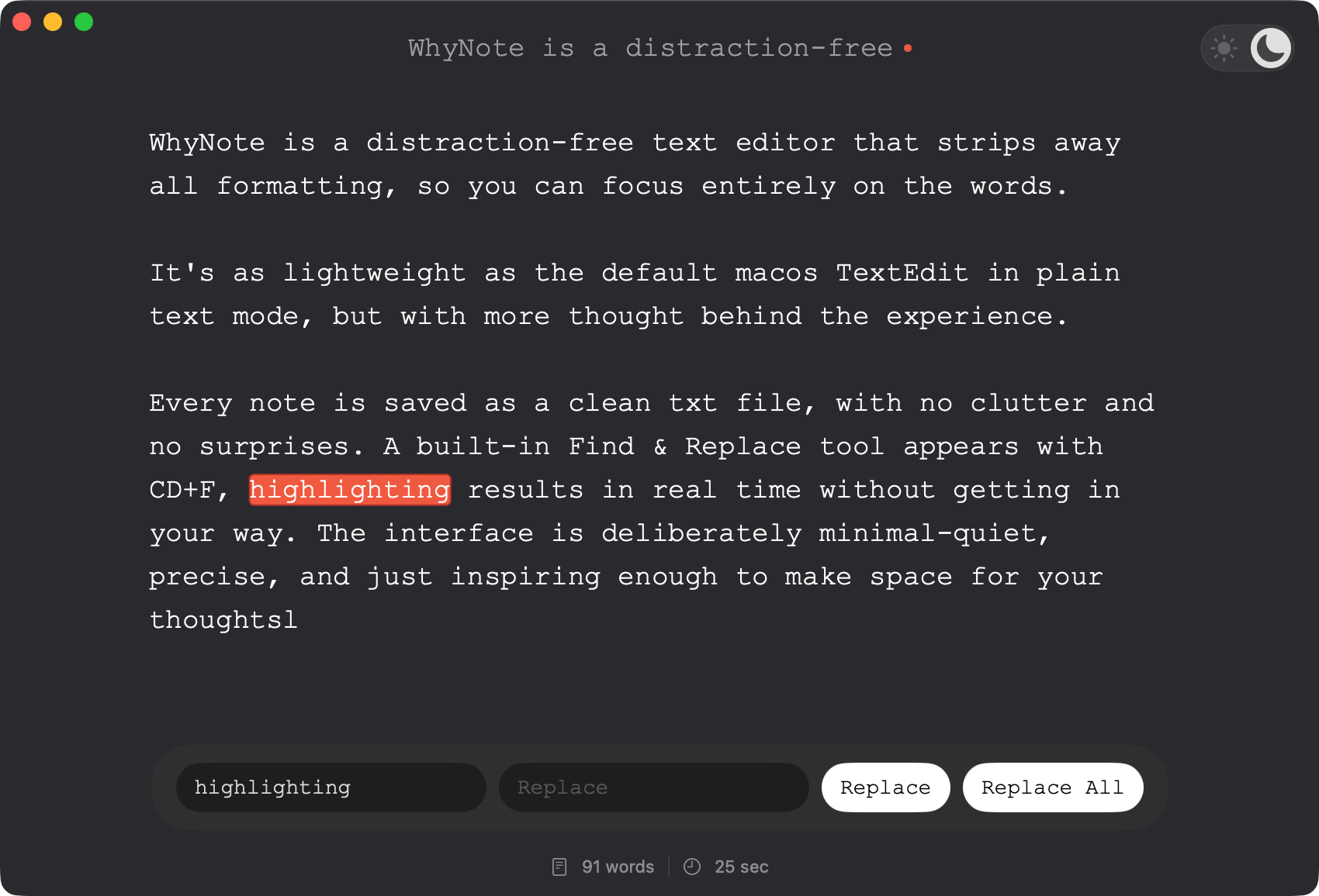 WhyNote in dark mode